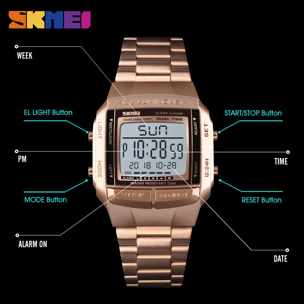 SKMEI 1381 Мужские квадратные цифровые часы в деловом стиле, водонепроницаемые часы с будильником, датой недели, дисплеем 2 времени, спортивные наручные часы, мужские наручные часы