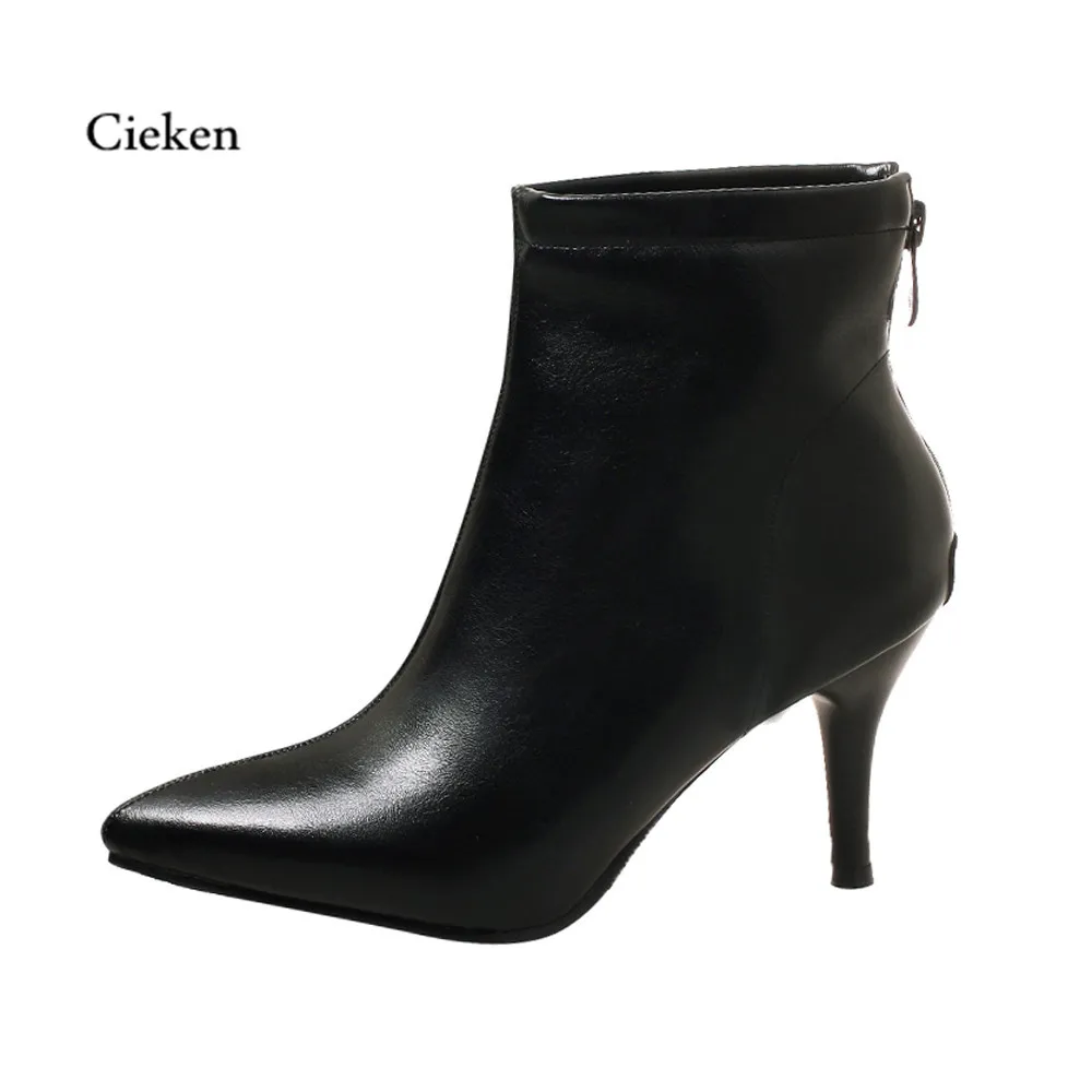 

Women's Pointed-Toe Shoes Side Zipper High Heel Short Plush Fashion Ankle Boots Winter Fashion PU Solid Color boots women @L