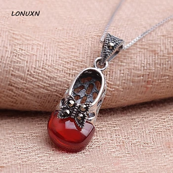

fashion folk style Natural semi-precious stones cute red Garnet Pendant butterfly bowknot princess shoes 925 silver necklace