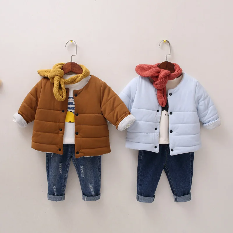 

children's clothing long sleeves round neck pure color cotton single breasted boys girls kids winter cotton-padded jacket