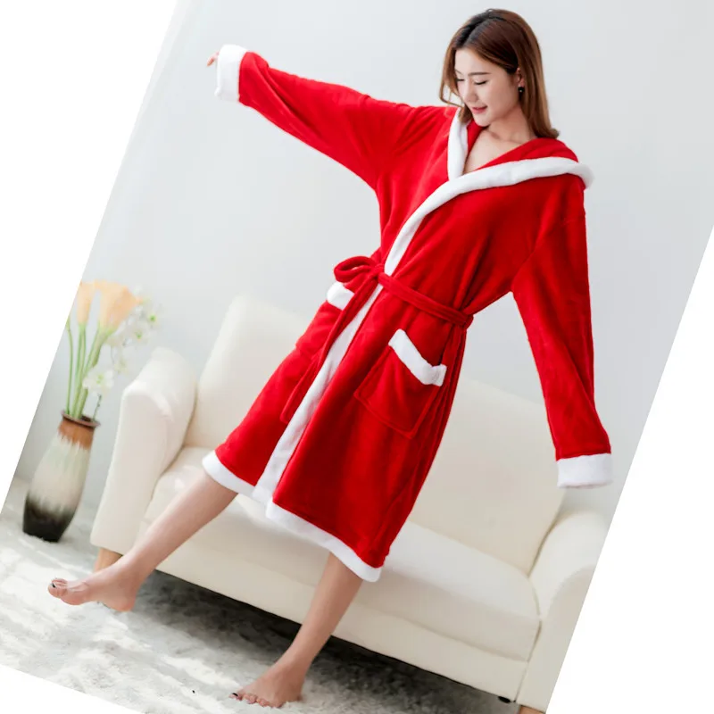 Women's  Hooded Flannel Robe Red Plush Robe Men's Mid-Calf Luxury Sleepwear Winter Warm Lightweight Christmas Day Bathrobe