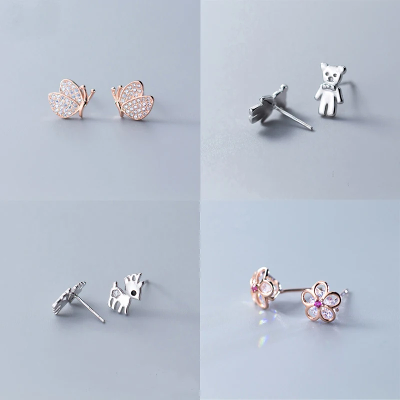 

NBSAMENG Original 925 Sterling Silver Earring Cute Love Nature Flower&Aninal&Insect Small Stud Earrings For Women Girl Jewelry