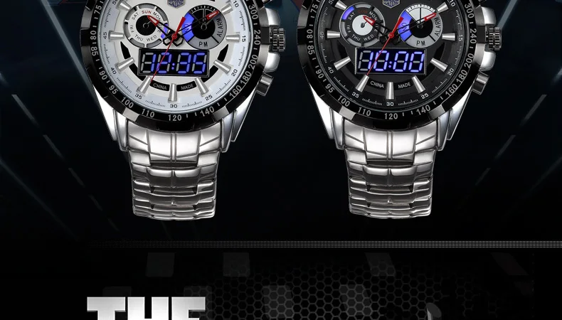 Спортивные часы 579 TVG Лидирующий бренд, мужские часы со светодиодным дисплеем, полностью Стальные кварцевые часы, мужские Модные сапфировые водонепроницаемые военные часы