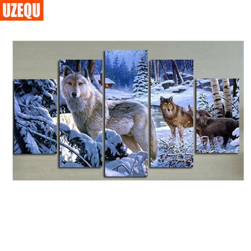 

UzeQu 5pcs DIY Diamond Painting Cross Stitch Animal Wolfs Multi-picture Diamond Embroidery Full Round Mosaic Painting Home Decor