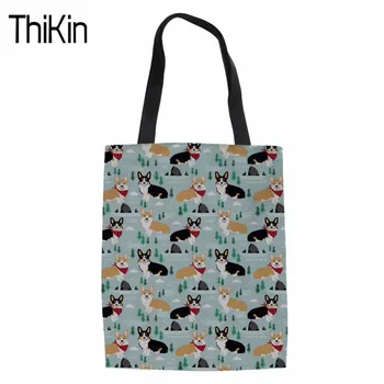 

THIKIN Women Canvas Bags Eco Friendly Ladies Shopping Tote Holiday Beach Casual Totes DIY Corgi Dog 3D Painting Bags For Girls