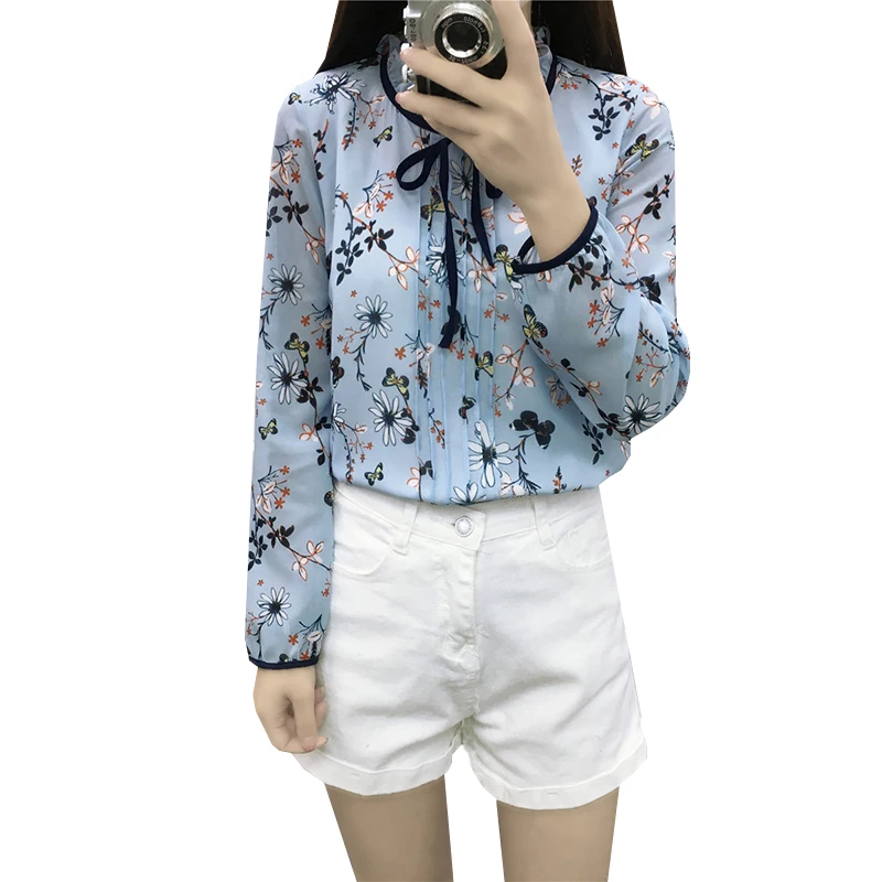 Online 2017 New Summer Autumn Floral Print Chiffon Blouse Shirts Women Casual Loose Lace Up Tops Elegant Slim Bottoming Shirt AB233
