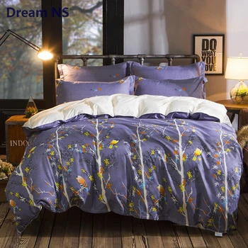 

AHSNME Lovely Birds Trees Duvet Cover Set 100% Cotton Cozy Bedlinens Purple Bedding Sets Russia Size King Dropshipping