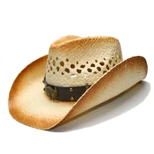 LUCKYLIANJI Ретро Для женщин Для мужчин летние соломенные пляжные широкими полями ковбойской Западная пастушка Hat Hollow два Пистолеты знак кожаный ремешок(58 см