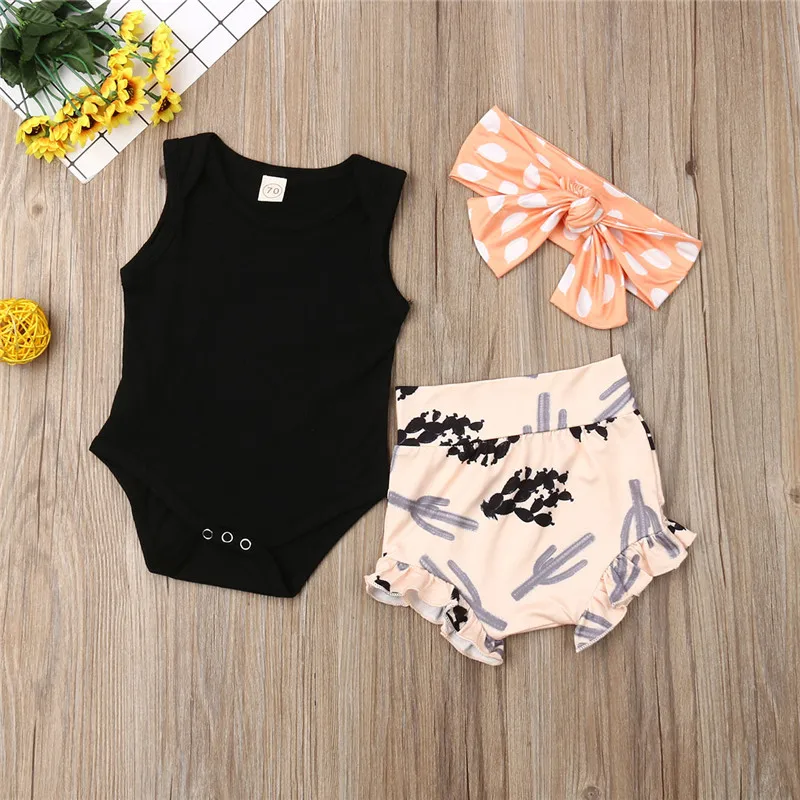 PUDCOCO/американский Летний повседневный комплект одежды для новорожденных девочек, хлопковый однотонный комбинезон без рукавов, короткие штаны, повязка на голову, комплект из 3 предметов, 0-24 мес