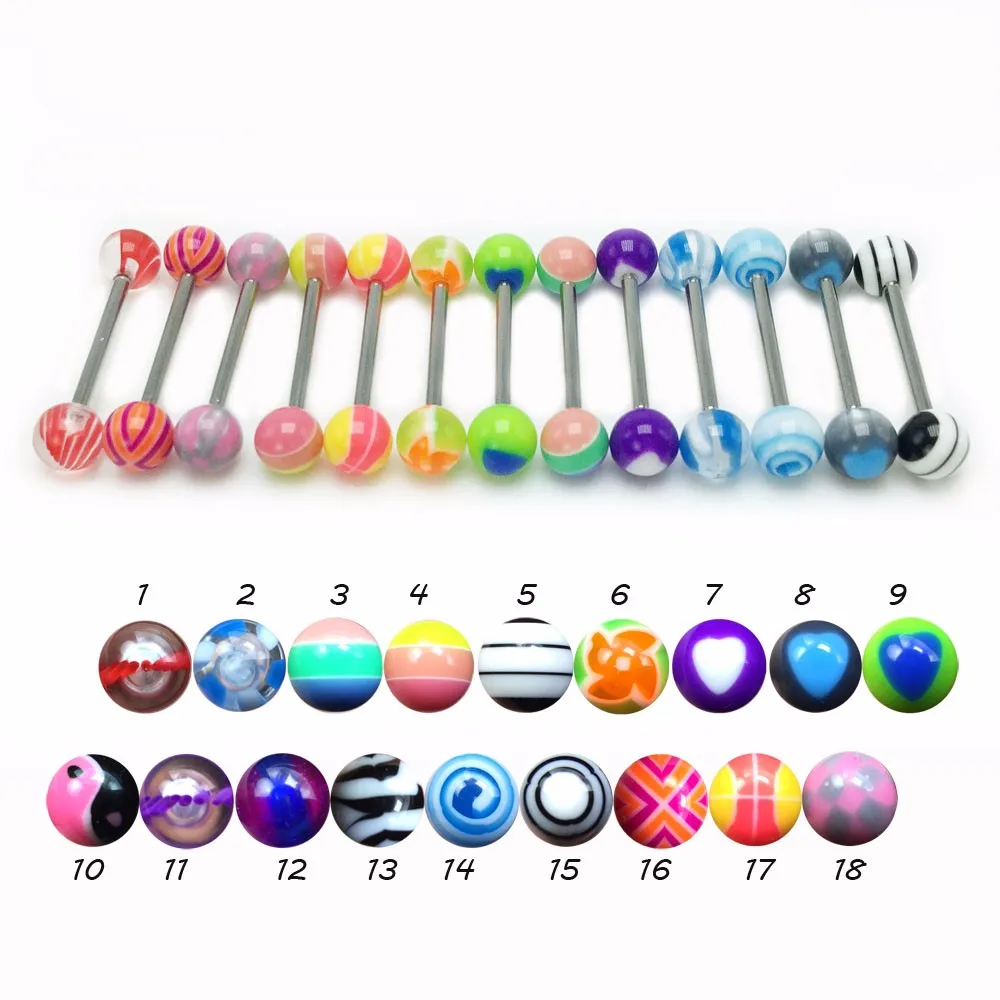 12pieces fashion barbell tongue bar tongue piercing rings acrylic stainless steel mixed colors 1.6mm 14G  body jewelry men women