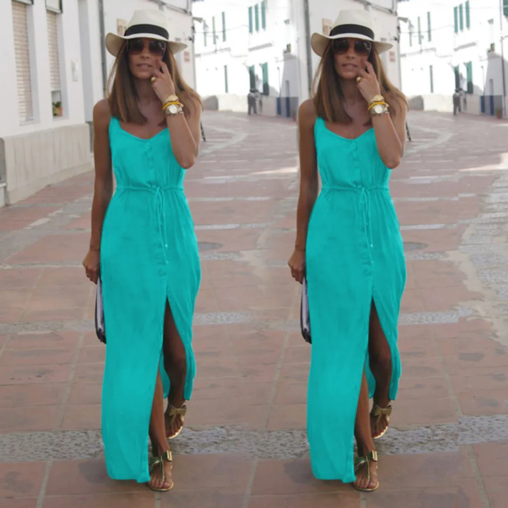 

Women's Bandage Buttons Solid Color Sleeveless Open-Forked Split Long Maxi Dress Woman Sexy Backless Evening Party Beach Dresses