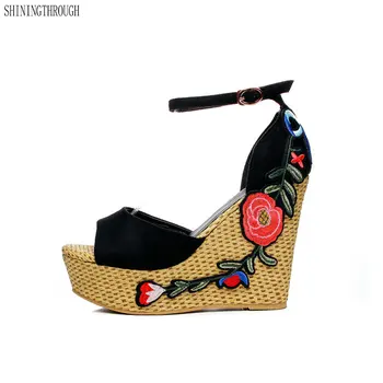

New women summer Embroidered platform shoes espadrille shoes flower applique supper high heel wedge elegant sandals