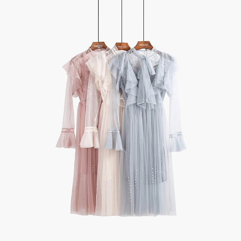 

Spring Mesh Beaded Ruffled Long Dress Women 2018 Sexy Hollow Out Lace-up Bow Dress Sweet Female Flare Sleeve Lace Dress Vestidos