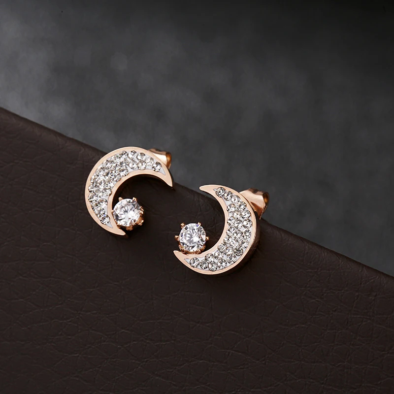 

Korean Style Stainless Steel New Moon Stud Earring Fadeless Rhinestone Oorbellen Voor Vrouwen Pendientes Dropshipping Jewellery