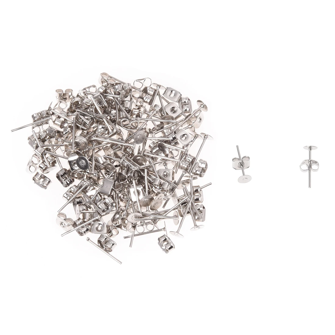 

100 (50 Pairs) X 6mm Flat Pad Silver Plated Earring Post Stud + Scroll Backs for DIY