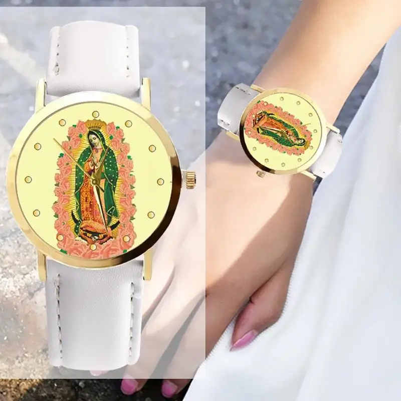 

Leather Strap Quartz Watch Women Virgin Mary Print Dial Analog Wristwatch Leather Strap Sport Ladies Elegant Wrist Watch Girl