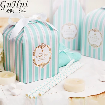 

50Pcs Blue White Stripes Exquisite Golden Stamp Candy Box Cakes Cookie Packaging Christmas Decoration Wedding Party Favor Gift