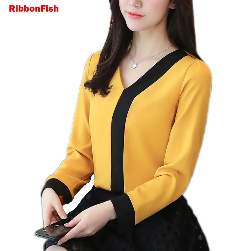 

Office Wear Women Summer Chiffon Blouses Shirts Lady Girls Casual V-Neck Patchwork Long Sleeve Tops Shirts Blusas DF1428