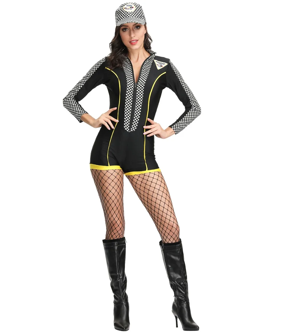 Black Sexy Plaid Super Race Car Driver Sport Short Jumpsuit Costume Long Sleeves Racing Girl Cheerleader Costume Uniform And Hat