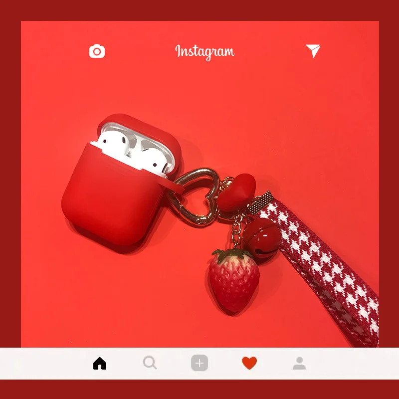 

Cute cartoon Strawberry Silicone Keychain Headphone Earphone Case For Apple Airpods Accessories cover box Strap Lanyard Keyring