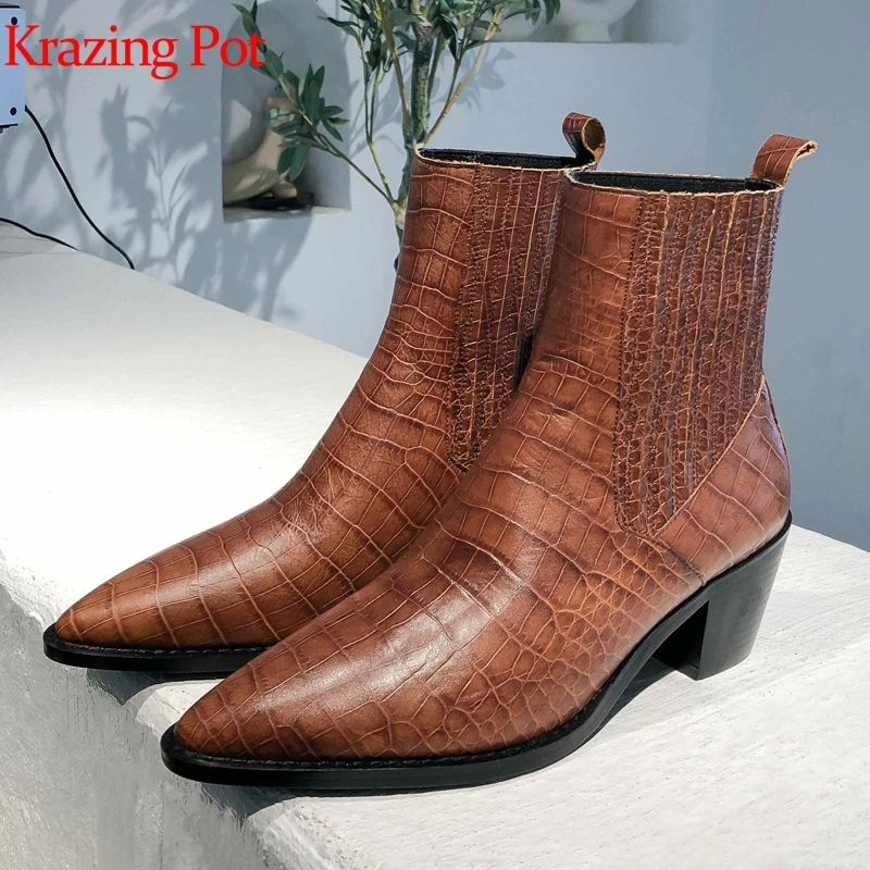 

krazing pot genuine leather high heels pointed toe street fashion charming prints leather slip on high quality ankle boots l12