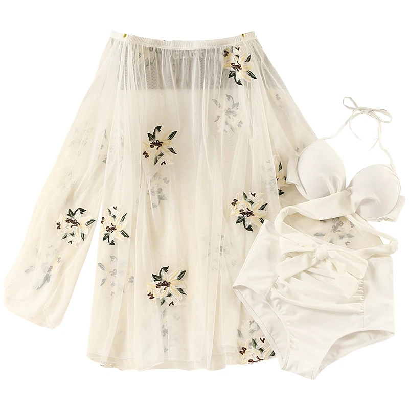 

2019 New Summer Three Piece Bikini Set Swimwear with Cover Up Sexy Women High Waist Biquinis Bathing Suit Swimsuit Beach Wear