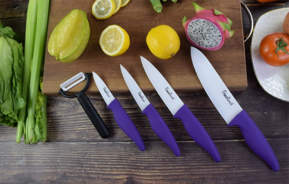 Профессиональные Кухонные ножи 5 шт 3 4 5 6 дюймов из чистой керамики набор ножей+ Овощечистка белый цирконий лезвие фиолетовый цвет ручка+ ножницы