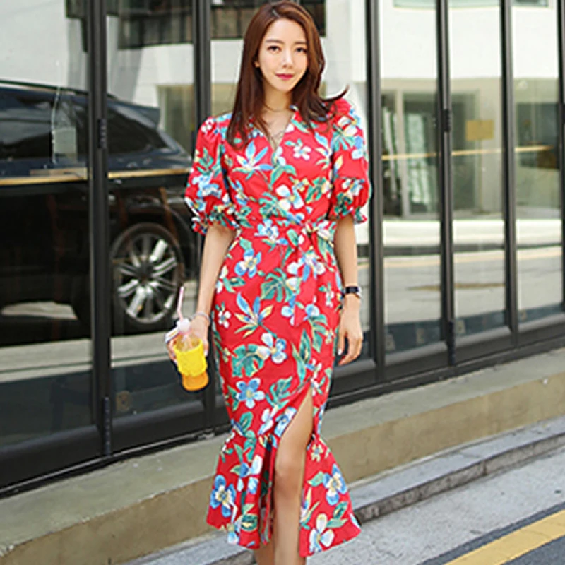 

2019 Summer V-Neck Lantern Sleeve Flower Print Vestidos Bodycon Knee-Length Split Casual Work Dress