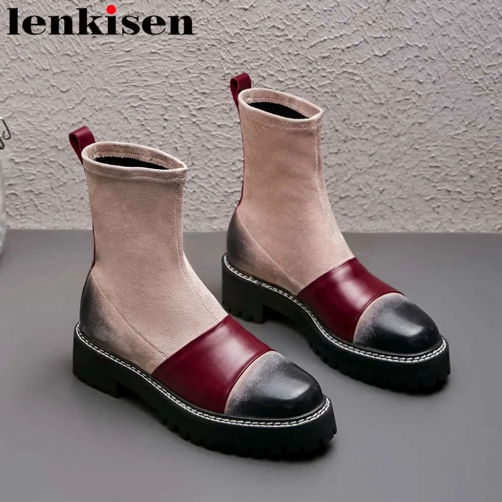 

Retro design mixed colors genuine leather platform med thick bottom slip on luxury square toe runway party mid-calf boots L96