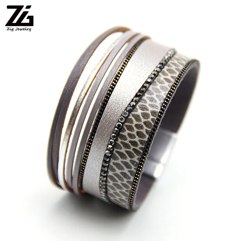 

ZGLeopard Leather Bracelets for Women Femme Bracelets & Bangles Bohemian Crystal Boho Wide Wrap Bracelet Female Jewelry