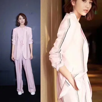 

Fashion with stripes three-piece women's suit elegant two piece set top and pants vs pink women handsome conjunto feminino
