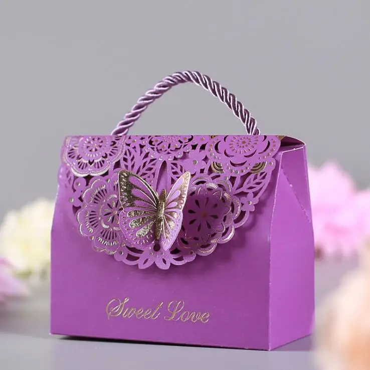50 шт. полая Бабочка Baby Shower День рождения украшение для вечеринки; Рождество поставки коробка конфет на свадьбу бумажная сумка подарочные сумки сумочка - Цвет: Purple
