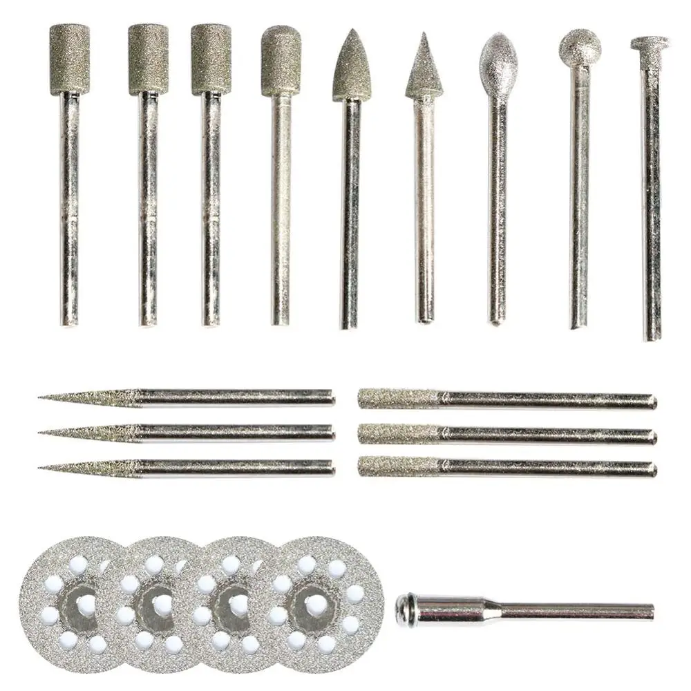 

20pcs Diamond Grinding Head Chainsaw Sharpener Burr Mounted Points 3mm Shank Jade Stone Carving Polishing for Dremel Rotary Tool