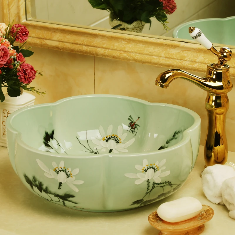 Round Western Antique Chinese Ceramic Colored Bathroom Basin Hand Chinese Ceramic Colored Bathroom Basin