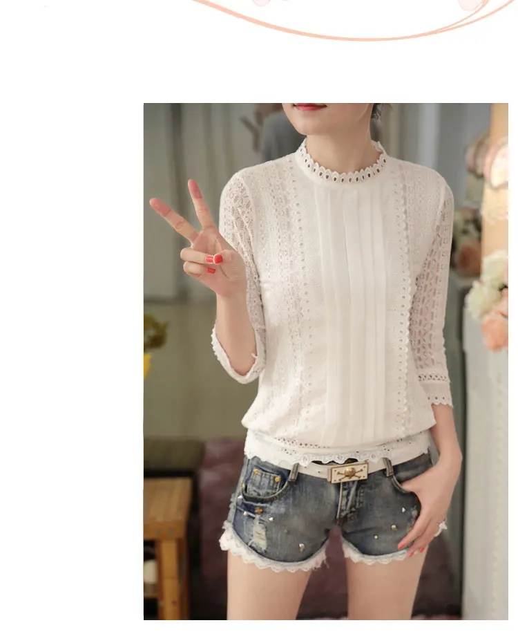 Stand Collar Three-Quarter Sleeves Pleated Hollow Out Lace Blouse