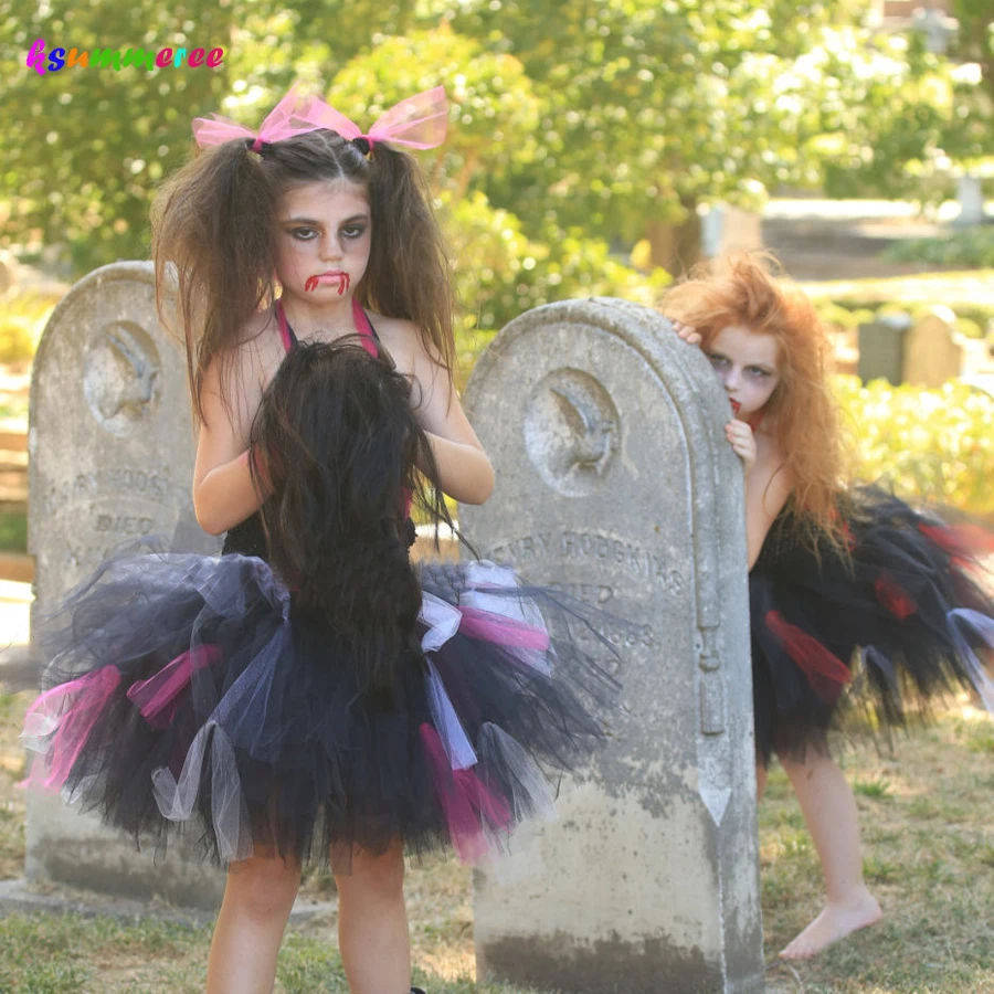 

Ksummeree Zombie Tutu Dress Handmade Gilrs Dress for Purim Scary Monster Pageant Black Hot Pink Halloween Costume TS133