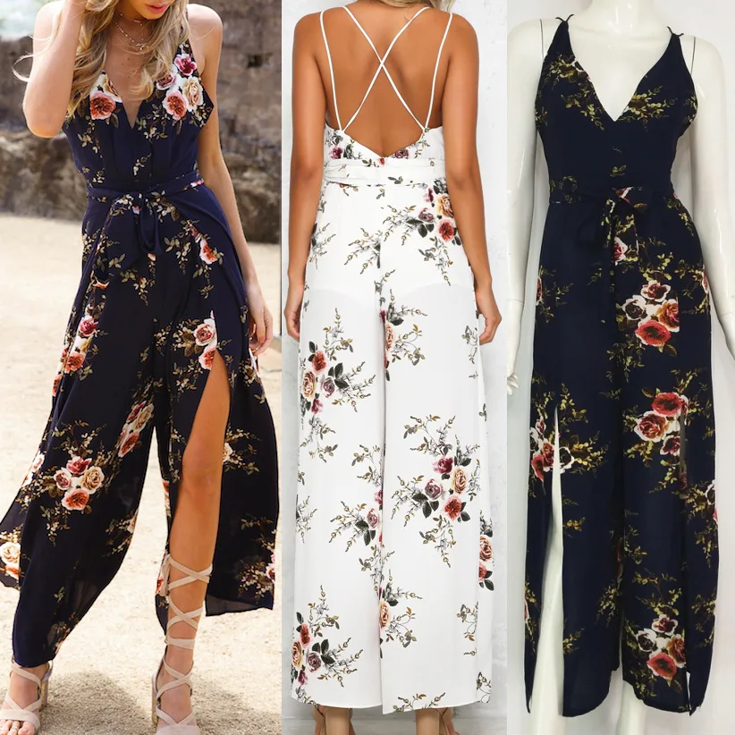 Women Bohemian Backless Jumpsuits Sleeveless V Neck Floral