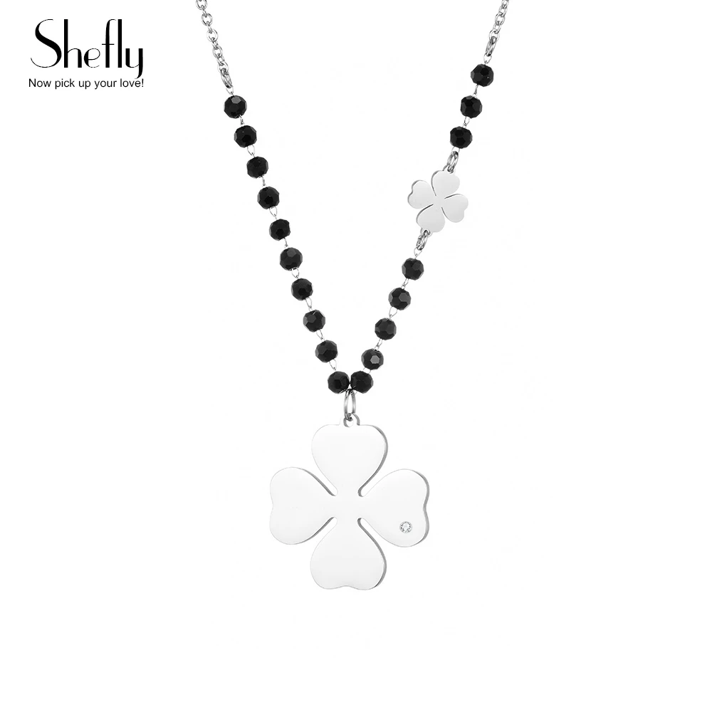

100% Stainless Steel Clover Charm Pendant Necklace for Women Never Tarnished Black Crystal Beads Long Necklaces Bohemian Jewelry