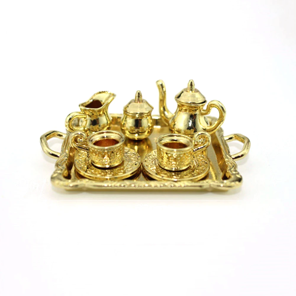 

1/12 Dollhouse Miniature Accessories Mini Metal Tea Set Simulation Tea Board Cup Model Toys for Doll House Decoration