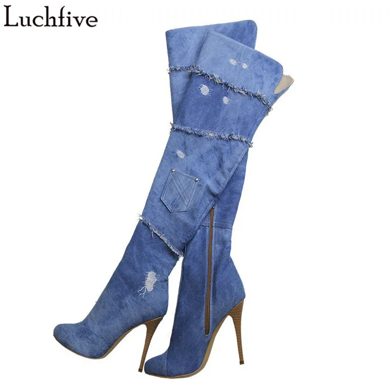 

2017 New Blue Denim Boots Women Platform Thigh High Boots Round Toe High Heel Over The Knee Boots stiletto cut out Long Boots