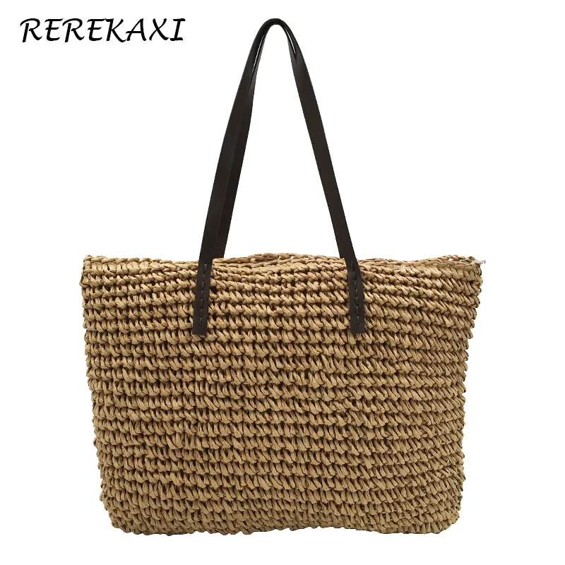

REREKAXI Fashion Simple Hollow Beach Bags Women Straw Bag Large Capacity Ladies Handbag Bohemian Woven Shoulder Bag Tote