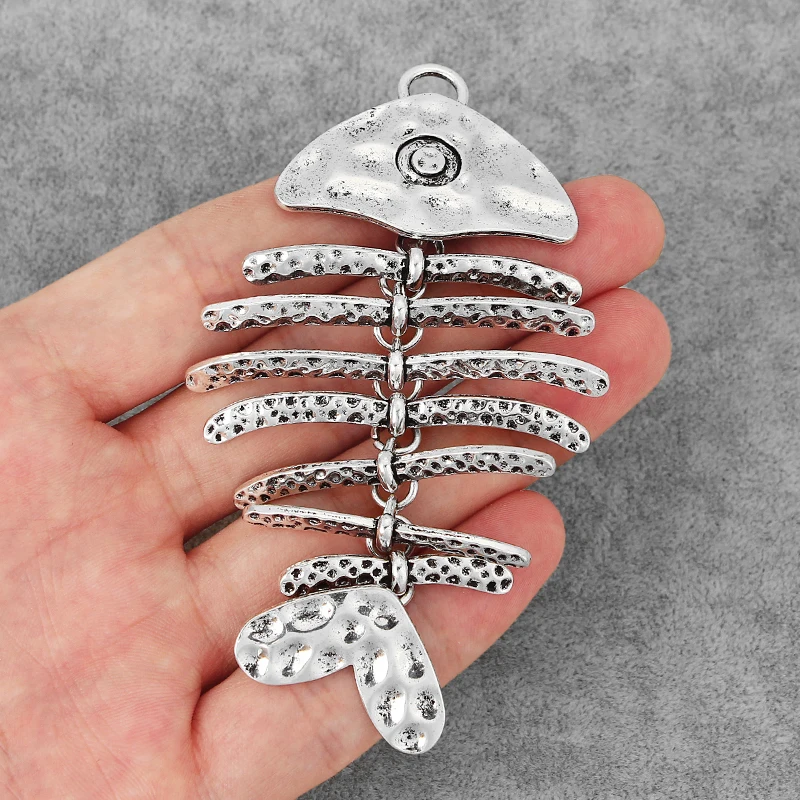 

4PCS Large Tibetan Silver Metal Hammered Fish Bone Fish Skeleton Charms Pendants DIY Findings Jewelry Necklace Making 100x56mm
