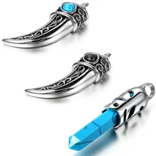 Nuevo 2015 Mens Góticos Turquesa Artificial Colgante de Diente de Lobo Collar de Los Muchachos de Acero Inoxidable hombre collares Azul y Negro
