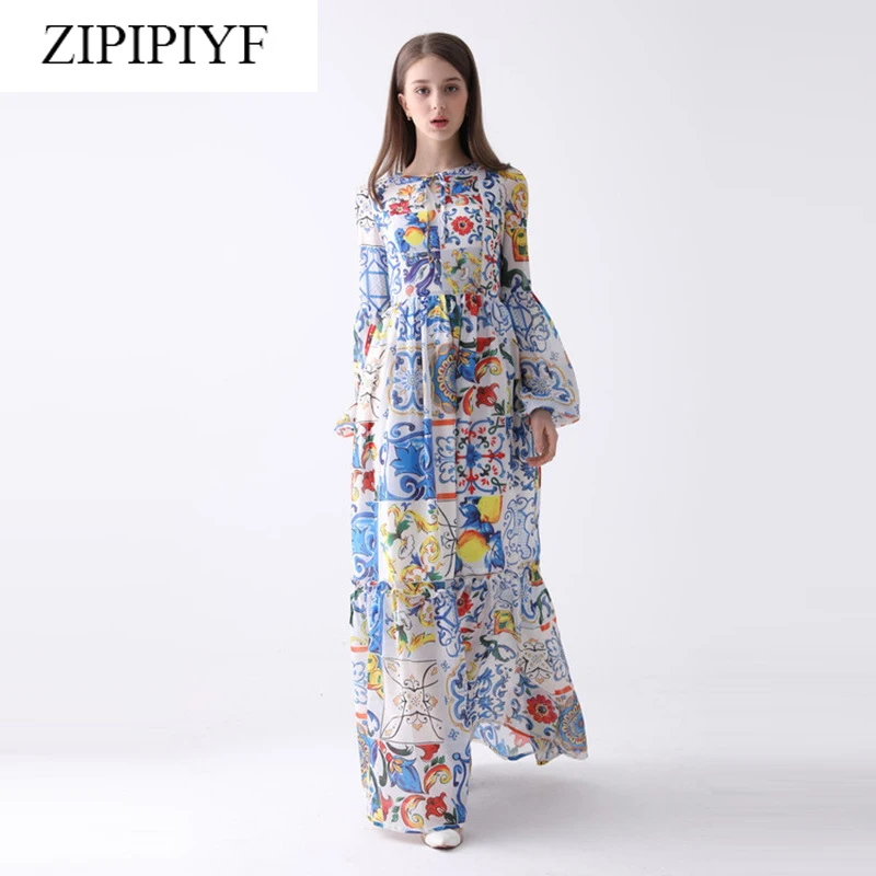 Women long Dress hot sale 2018 Spring Summer Print Dresses Long Floor