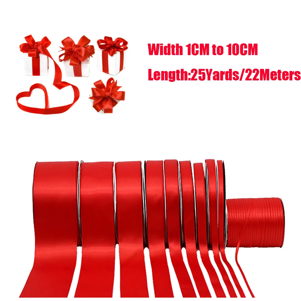 

(25Yards/Roll) Width 1CM to 10CM Red Color Single Face Satin Ribbon DIY Gift Wrapping Christmas Wedding Party Gift Ribbons