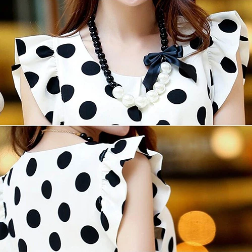 Hot Women Summer Casual Polka Dot Round Neck Short Sleeve Shirt Top Chiffon Blouse