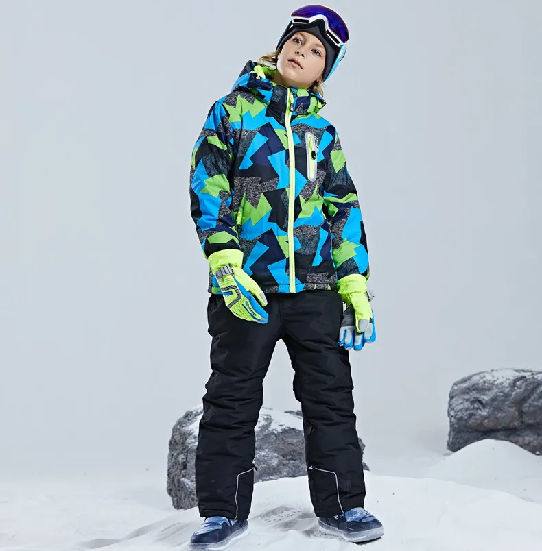 30 градусов лыжные костюмы для детей Лыжная куртка и штаны для катания на сноуборде для детей костюм Сноубординг куртка брюки для мальчиков на зиму, зимняя одежда - Цвет: black