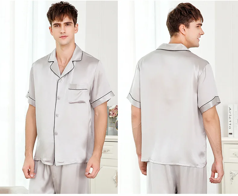 Мода 100% натуральная Шелковая пижама Устанавливает Мужские Короткие рукава пикантные шелковые пижамы для мужчин чистый цвет шелк домашняя