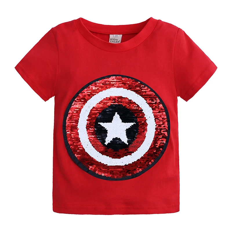 Однотонная футболка для мальчиков с блестками и принтом «Человек-паук»/«Капитан Америка»; хлопковая летняя детская футболка с героями мультфильмов; одежда