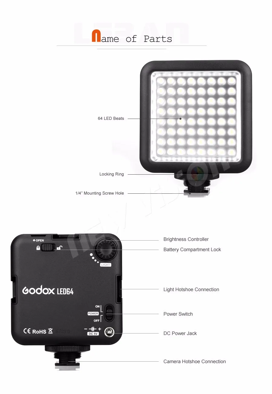 Godox LED64 5500~ 6500K видео светильник профессиональный универсальный для макросъемки фотожурналистов видеосъемка